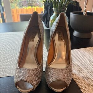 Badgley Mischka Glittering Silver Peep Toe Heels